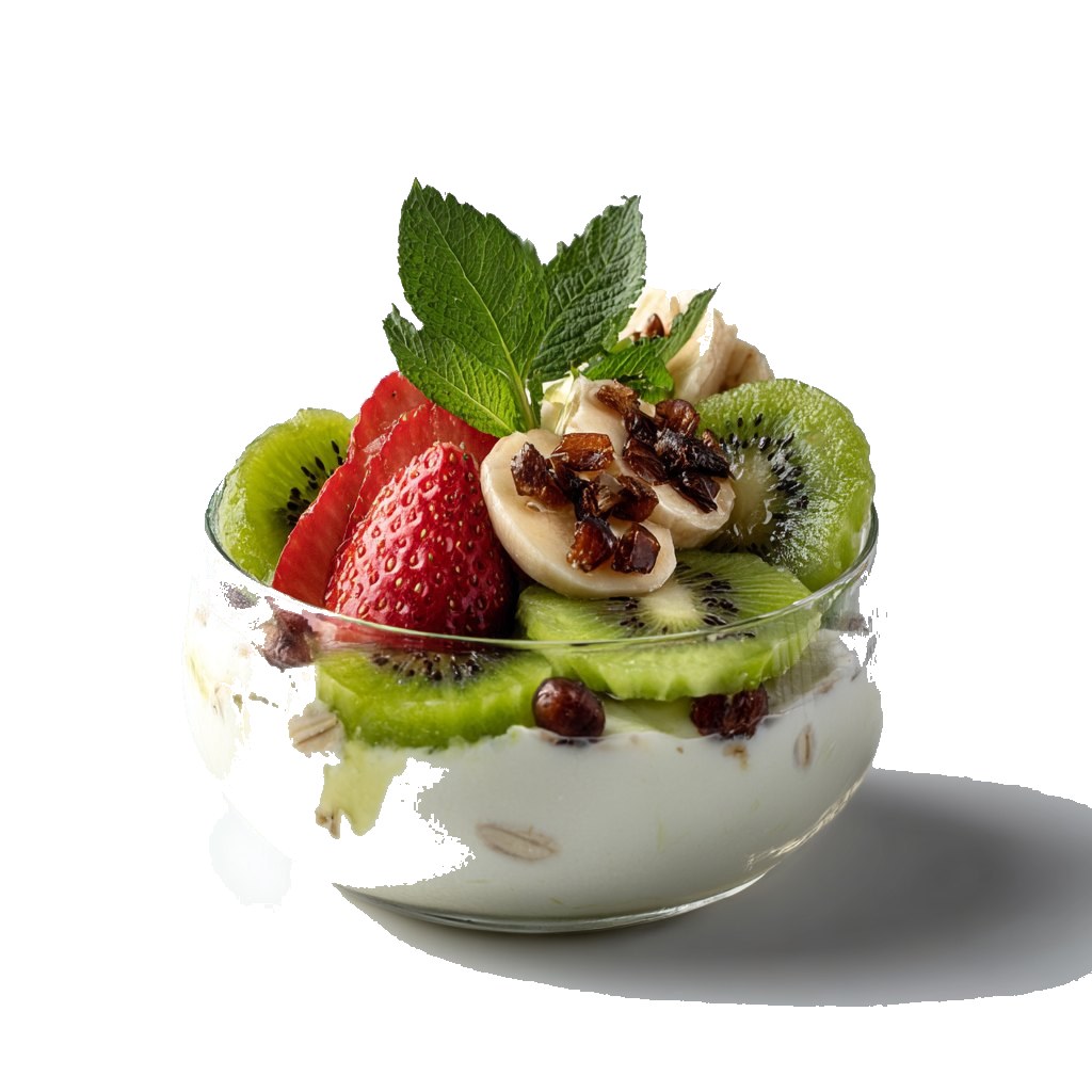Jogurt naturalny z owocami sezonowymi, płatkami owsianymi i miętą