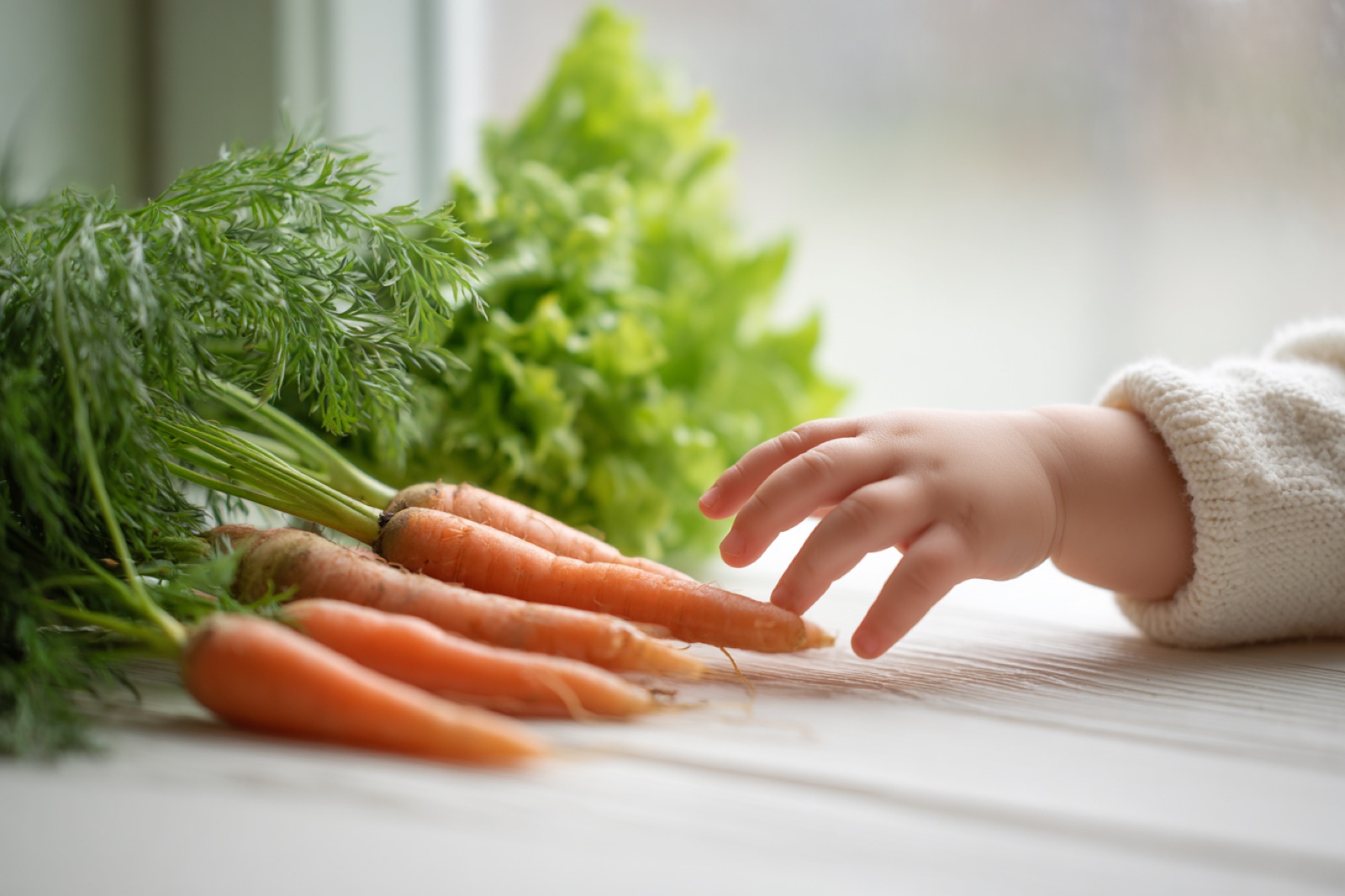 Dziecięce dłonie sięgające po świeże marchewki i warzywa podczas warsztatów Naturalnie
